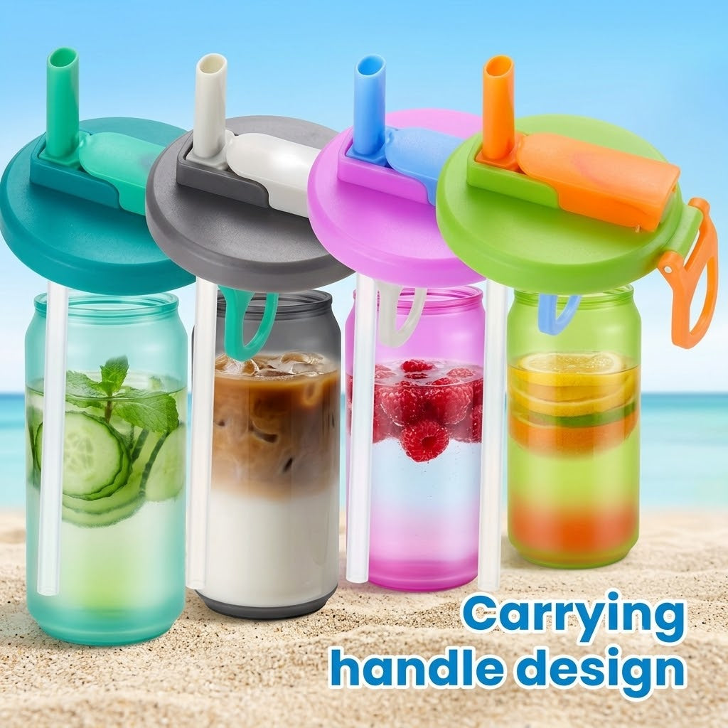 Tapas reutilizables para latas con pajita en colores variados y diseño de asa, perfectas para bebidas.