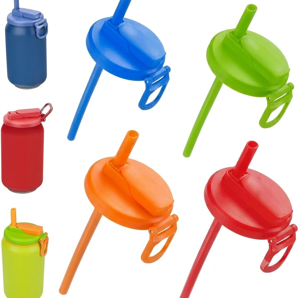 Tapas reutilizables para latas con pajita en varios colores y diseños, perfectas para bebidas enlatadas.