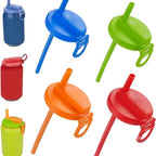 Tapas reutilizables para latas con pajita en varios colores y diseños, perfectas para bebidas enlatadas.